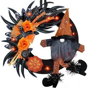 Perlite Halloween Witch Gnome Wreath Décor, Orange Lights 20 LED